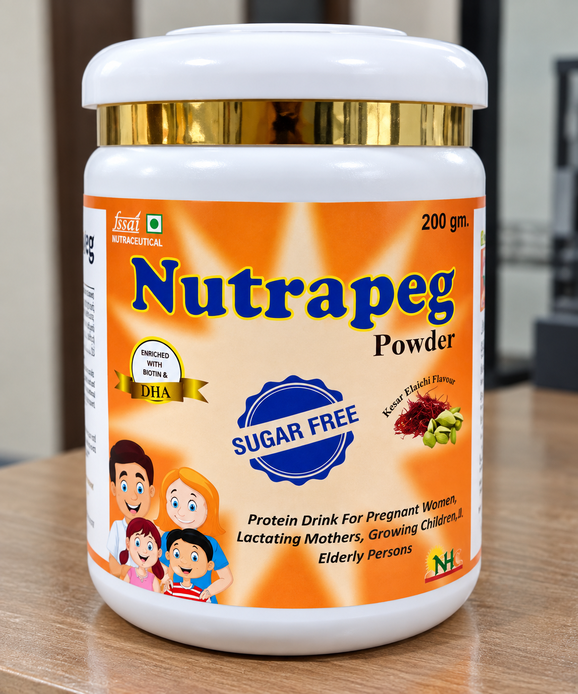 Nutrapeg 200 gram kesar elaichi protein powder jar, sugar-free with biotin and DHA.
